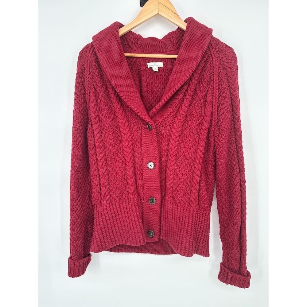 LL Bean Signature Chunky Knit Fisherman Shawl Collar Cardigan Sweater Medium Red